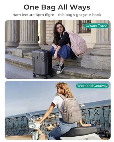 BAGSMART Women's 15.6" Laptop Backpack, Beige Quilted Travel Daypack | Water-Resistant with Trolley Sleeve thumbnail 6
