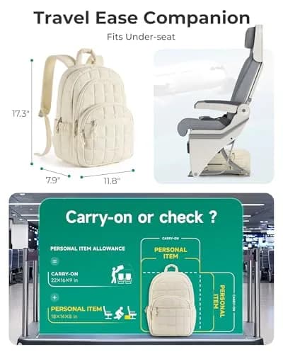 BAGSMART Women's 15.6" Laptop Backpack, Beige Quilted Travel Daypack | Water-Resistant with Trolley Sleeve thumbnail 2