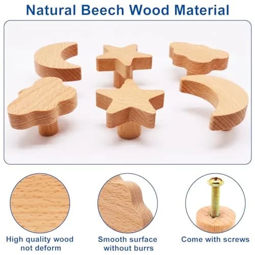 YuGtcen Moon Star Cloud Wooden Cabinet Knobs 12-Pack | Cute Nursery Drawer Pulls for Furniture thumbnail 4
