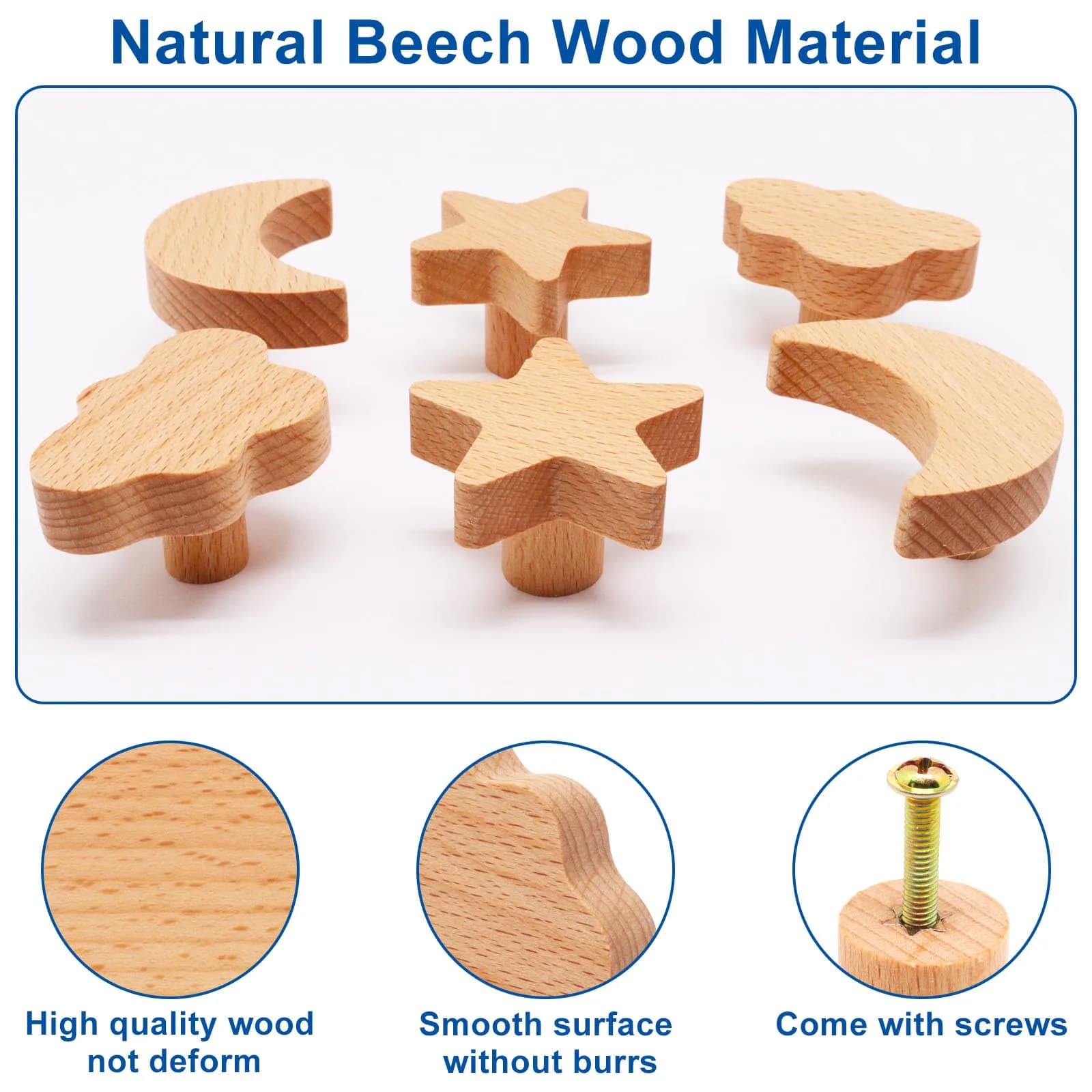 YuGtcen Moon Star Cloud Wooden Cabinet Knobs 12-Pack | Cute Nursery Drawer Pulls for Furniture - view 4