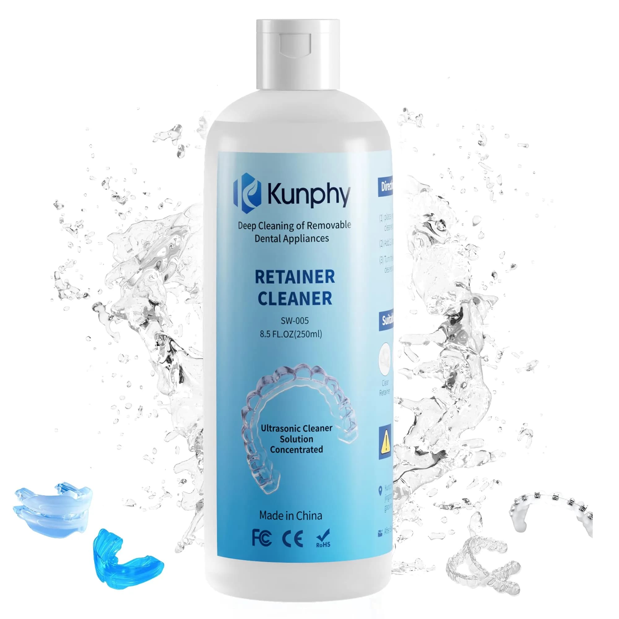 kunphy Ultrasonic Retainer Cleaner Solution 250ml (8.5 Fl Oz) | Professional Dental Appliance Cleaning - main product image