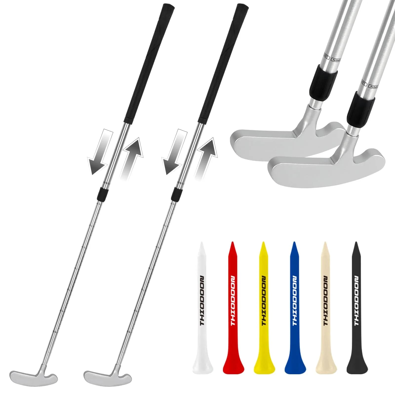 THIODOON Silver Golf Putter | Adjustable Length, Ambidextrous, Portable (70-120 chars) — 2 Silver Putters & 6 Golf Tees