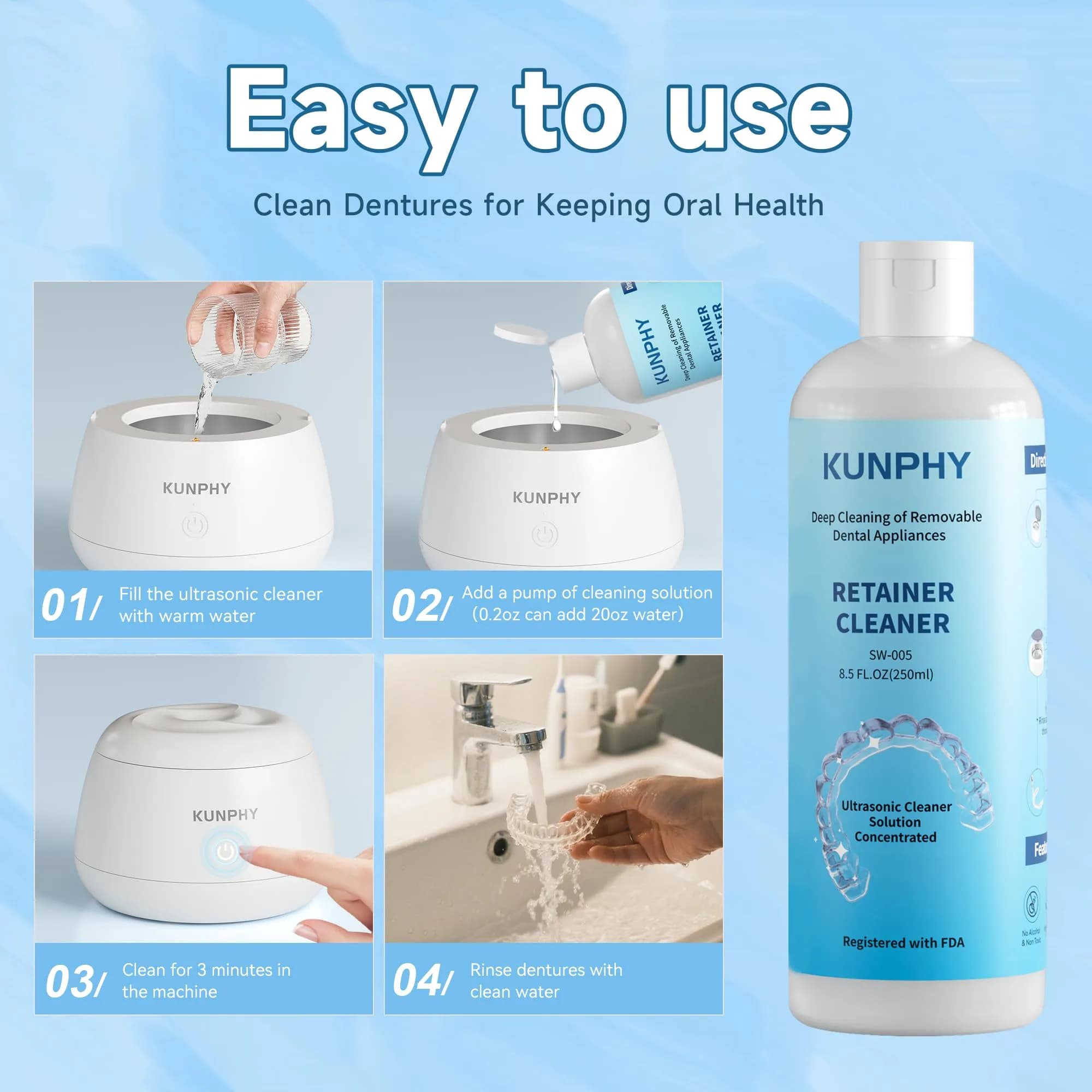 kunphy Ultrasonic Retainer Cleaner Solution 500ml (17 fl oz) | Cleans Aligners, Mouthguards & Dentures - view 6