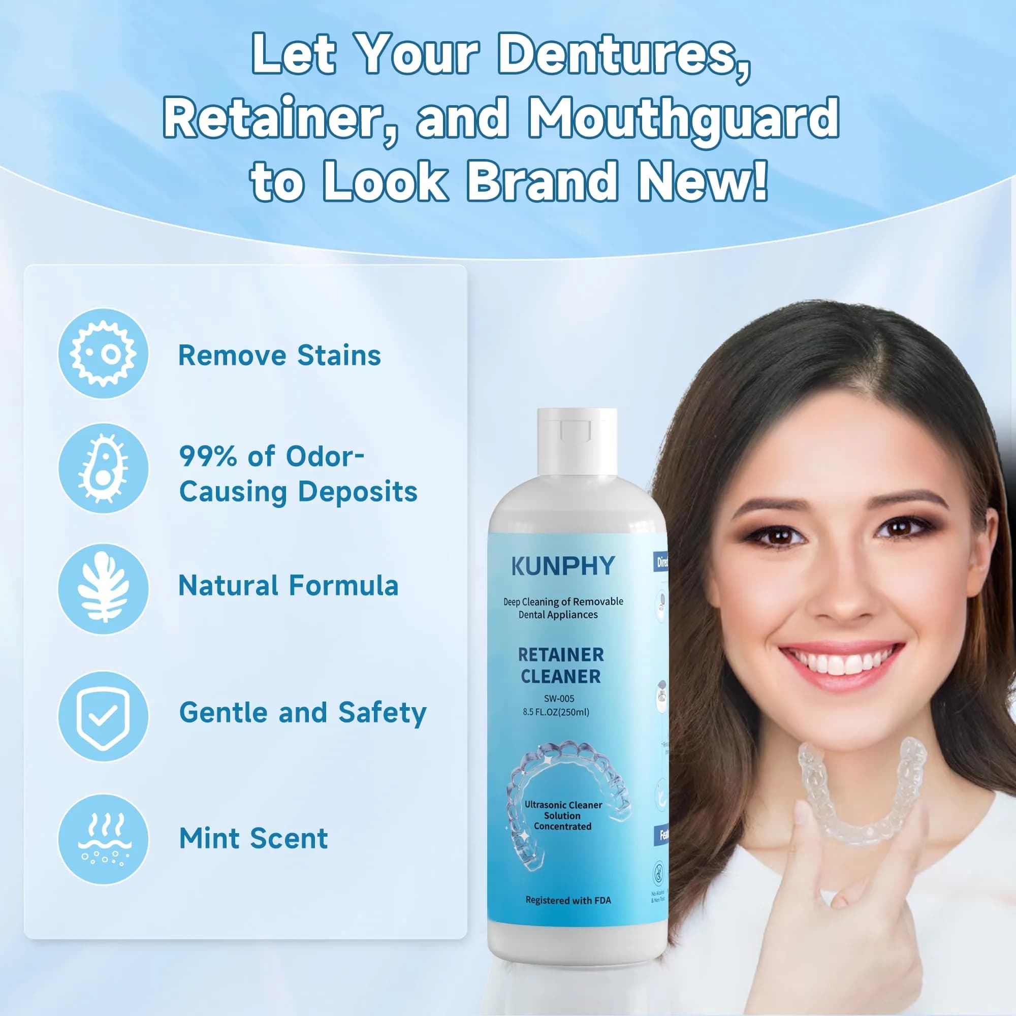 kunphy Ultrasonic Retainer Cleaner Solution 500ml (17 fl oz) | Cleans Aligners, Mouthguards & Dentures - view 2
