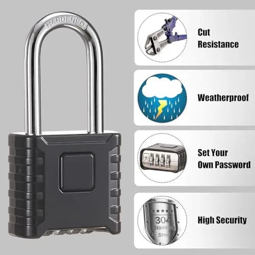 disecu Heavy Duty 4 Digit Combination Lock Waterproof Large Outdoor Padlock for School Gym Locker Fence Gate (Black) thumbnail 4