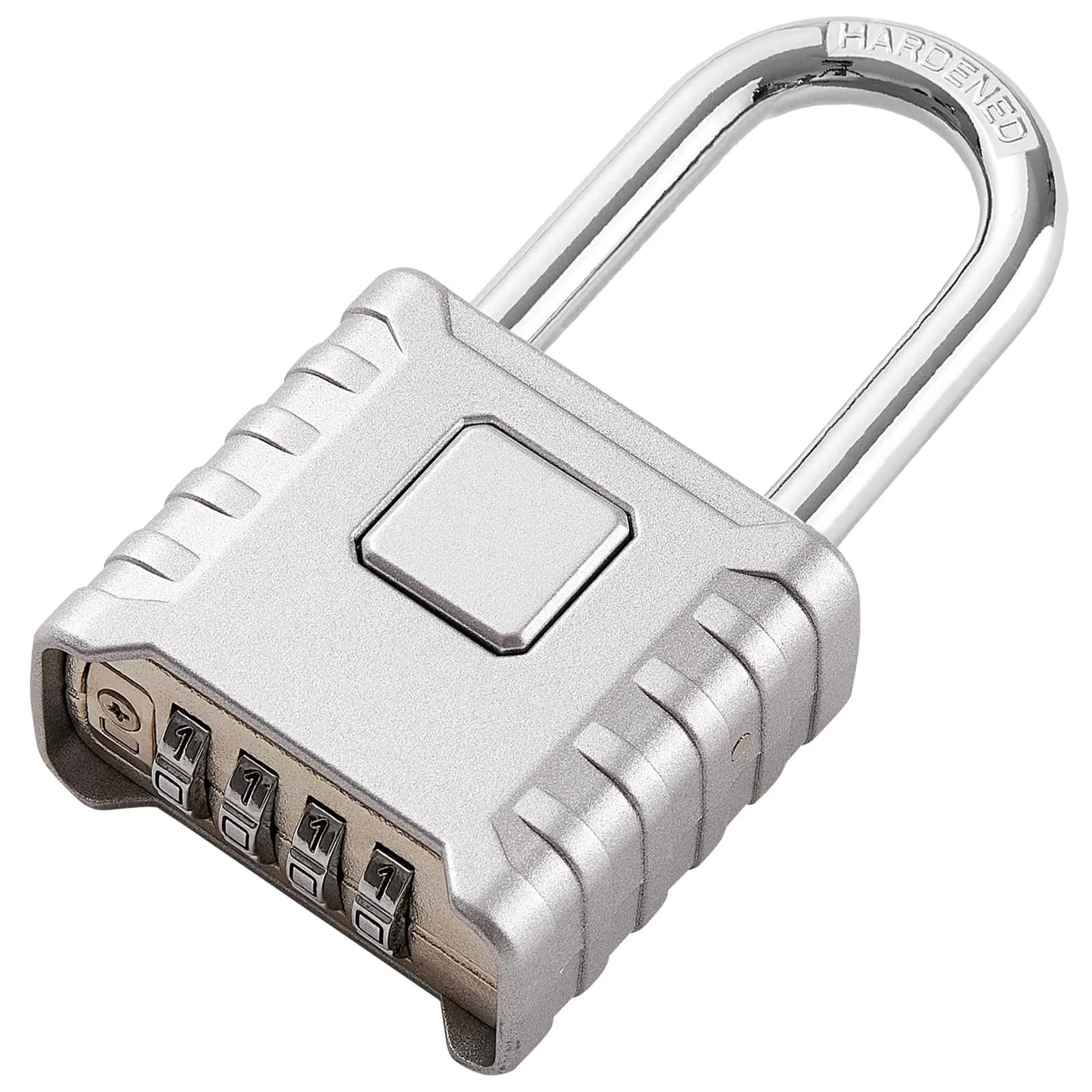 disecu Heavy Duty Long Shackle Combination Lock, 4-Digit Resettable, Weatherproof Outdoor Padlock | 8mm Hardened Stainless Steel Shackle — Silver Long