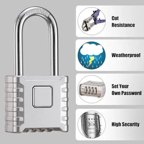 disecu Heavy Duty Long Shackle Combination Lock, 4-Digit Resettable, Weatherproof Outdoor Padlock | 8mm Hardened Stainless Steel Shackle thumbnail 4
