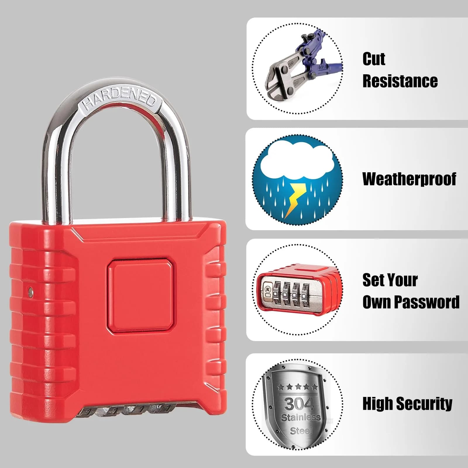 disecu Heavy Duty 4 Digit Combination Lock | Waterproof Outdoor Padlock for School & Gym (Red) thumbnail 4