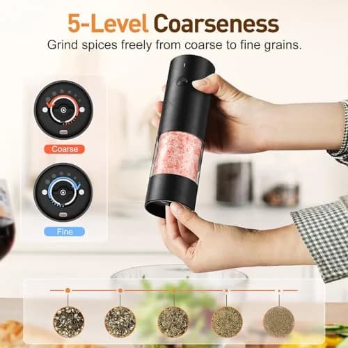 FRTONYI Electric Salt and Pepper Grinder Set | Rechargeable Automatic Spice Mill with LED, Adjustable Coarseness, One-Hand Operation thumbnail 4