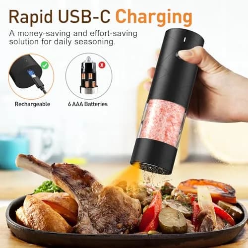FRTONYI Electric Salt and Pepper Grinder Set | Rechargeable Automatic Spice Mill with LED, Adjustable Coarseness, One-Hand Operation thumbnail 2