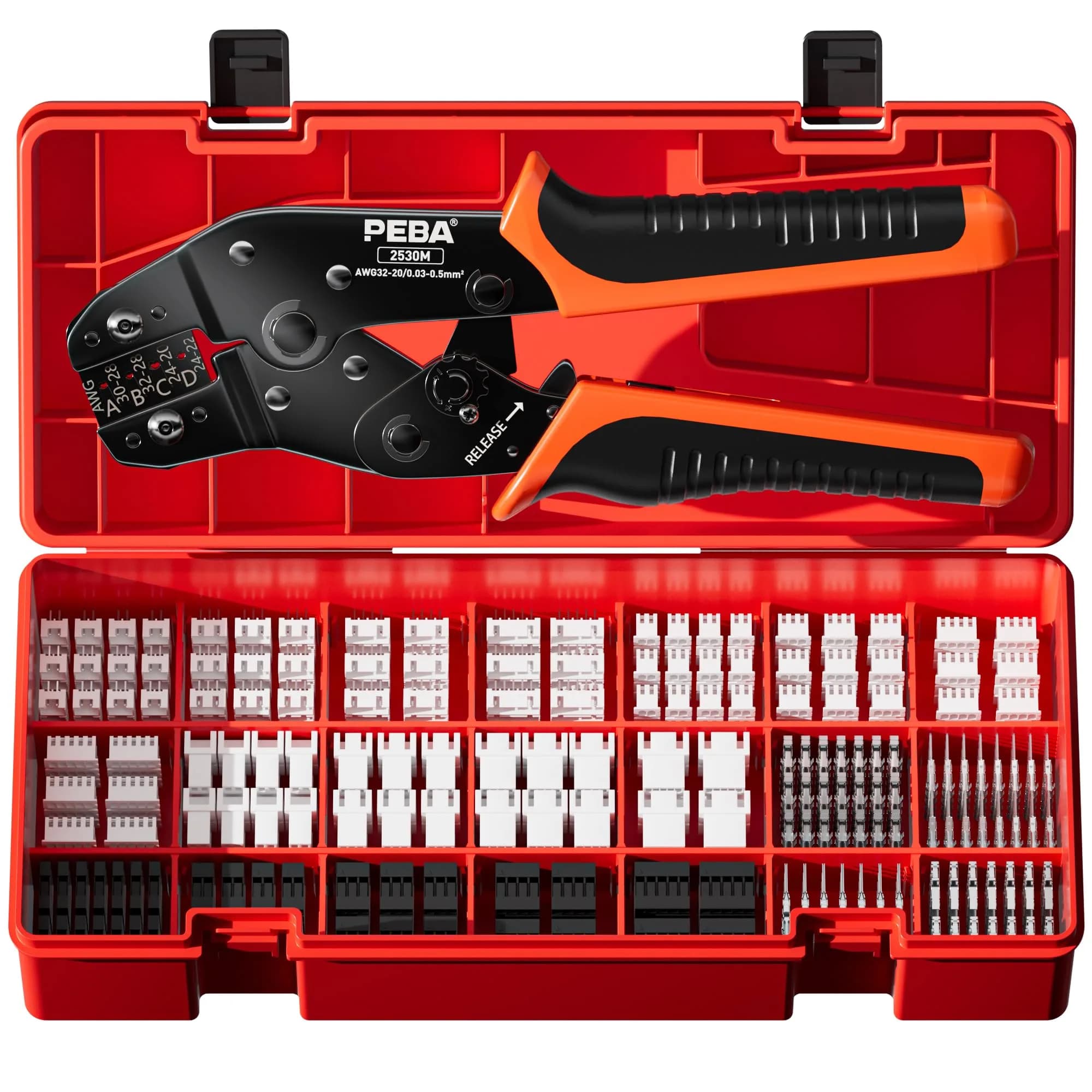PEBA Ratchet Crimping Tool and JST Connector Kit for AWG 32-20 Wires | 14 Types of 2.5mm JST-SM Connectors & Crimp Pins — Dupont/JST-XH | 21 Types