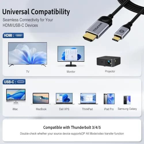 QGeeM USB C to HDMI 4K Cable 6Ft | Thunderbolt 3/4/5 Compatible, 4K@30Hz, Braided Nylon, Aluminum Heat Dissipation thumbnail 4
