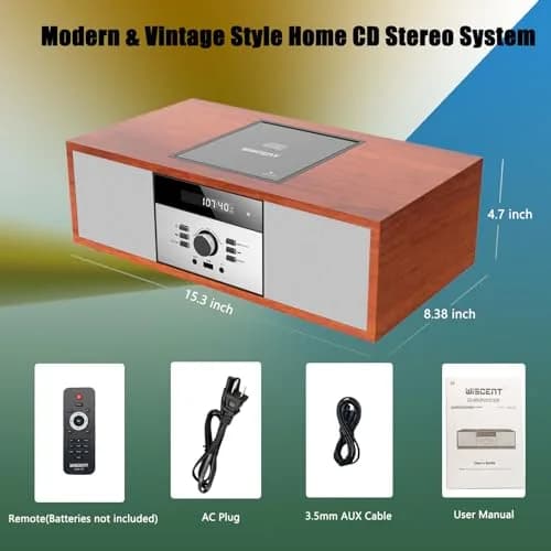 WIITHINK Vintage Style CD Player with Bluetooth, FM Radio, USB, 30W Wood Home HiFi Stereo System | 3.76 kg (8.3 lb) thumbnail 7