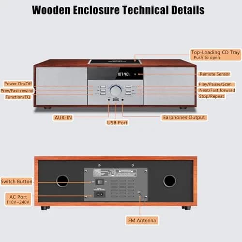 WIITHINK Vintage Style CD Player with Bluetooth, FM Radio, USB, 30W Wood Home HiFi Stereo System | 3.76 kg (8.3 lb) thumbnail 3