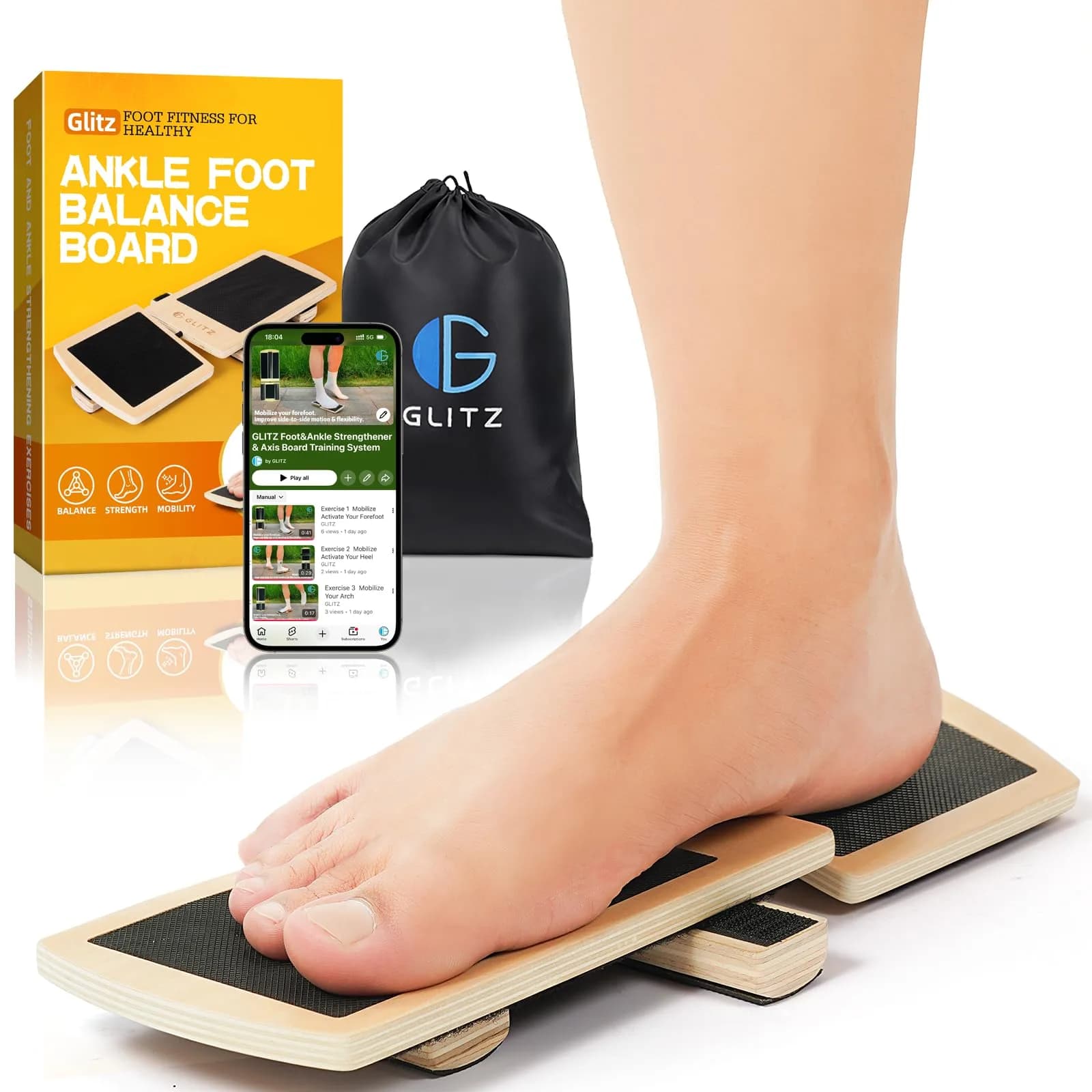 glitz Ankle Balance Board Foot Strengthener Trainer with Adjustable Bars & Video Guide | 0.299 kg (0.66 lb) - main product image