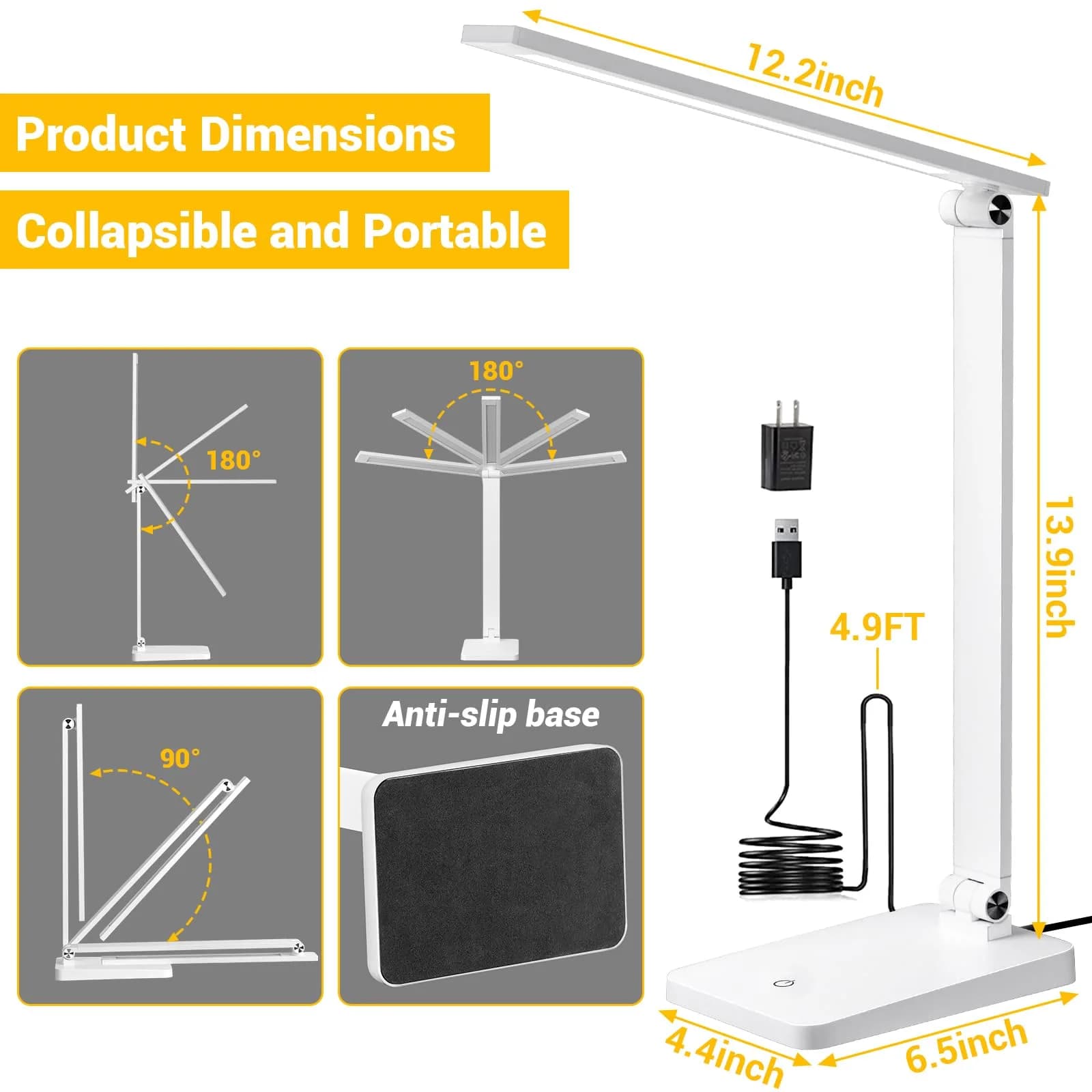 Best World LED White Table Lamp with USB Charging Port & 3 Brightness Levels | 5000K Cool White - view 4