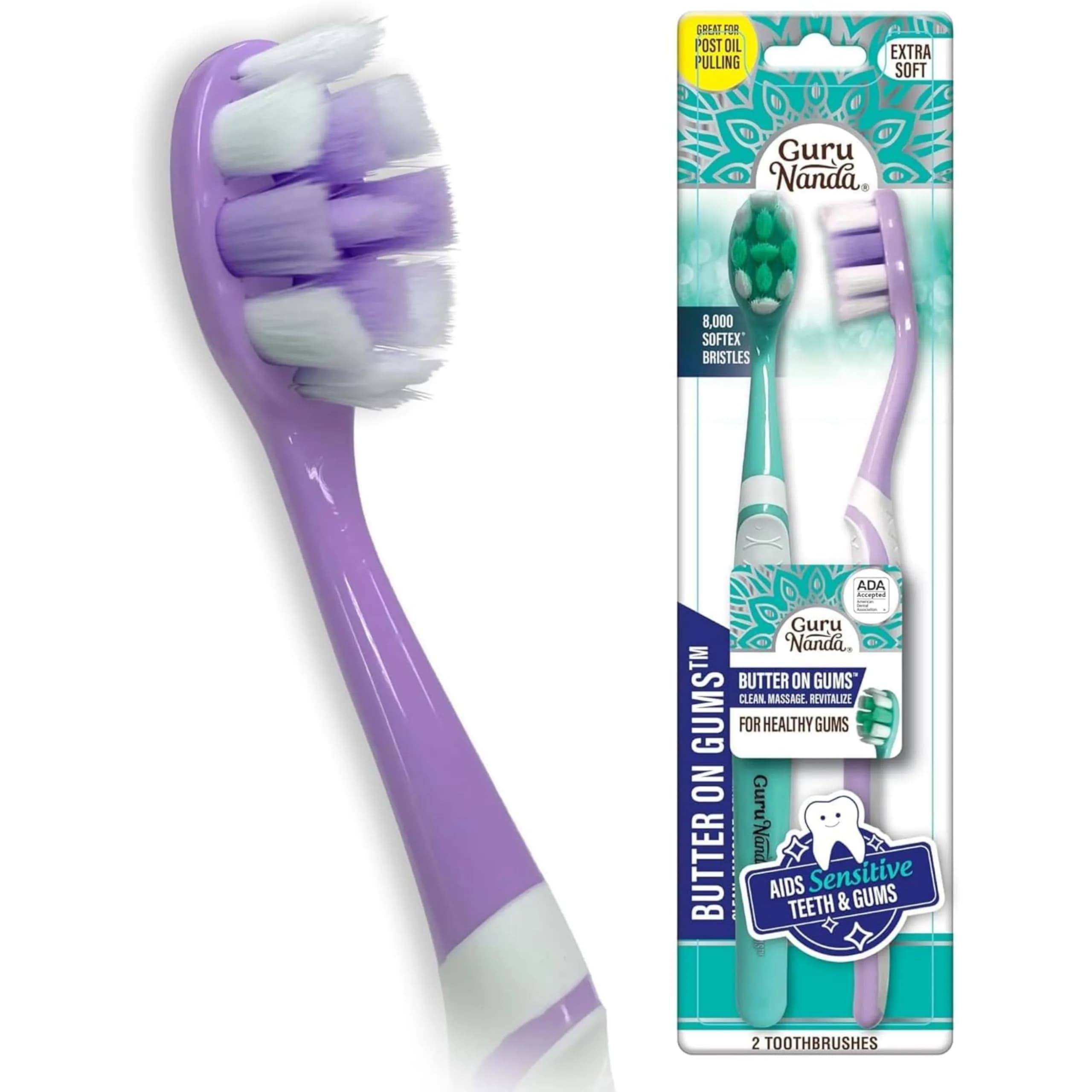 GuruNanda Butter on Gums Toothbrush with Extra Soft Bristles, 2 Count | ADA Accepted for Sensitive Gums