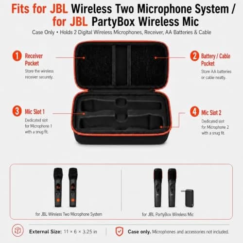 Againmore Dual Microphone Case for JBL PartyBox Wireless Mics, 11 x 6 x 3.25 inches | Precision Fit for Secure Transport thumbnail 2