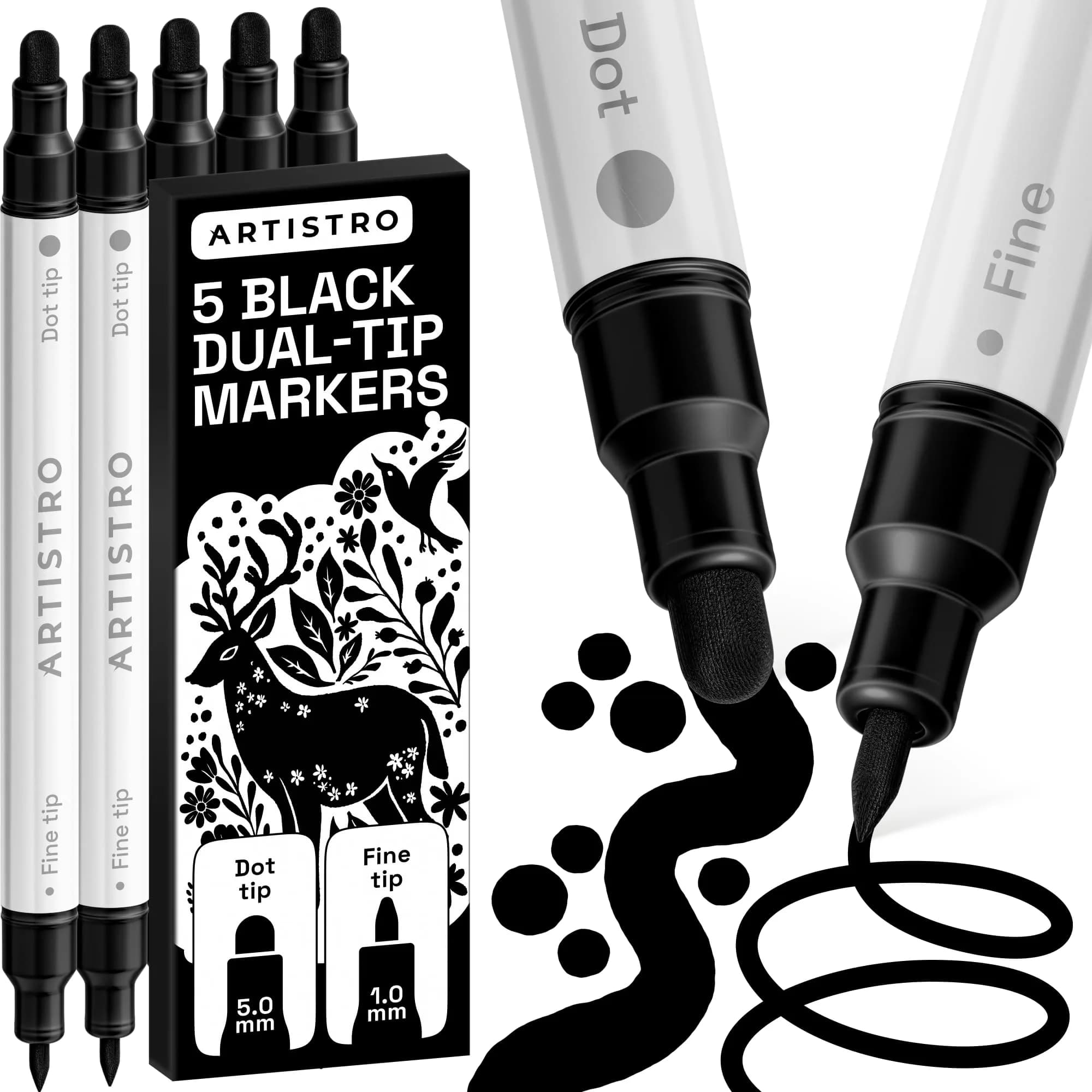 ARTISTRO Dual-Tip Acrylic Paint Markers (5 Black Pens) | Precision Lines & Bold Strokes for Crafts - main product image
