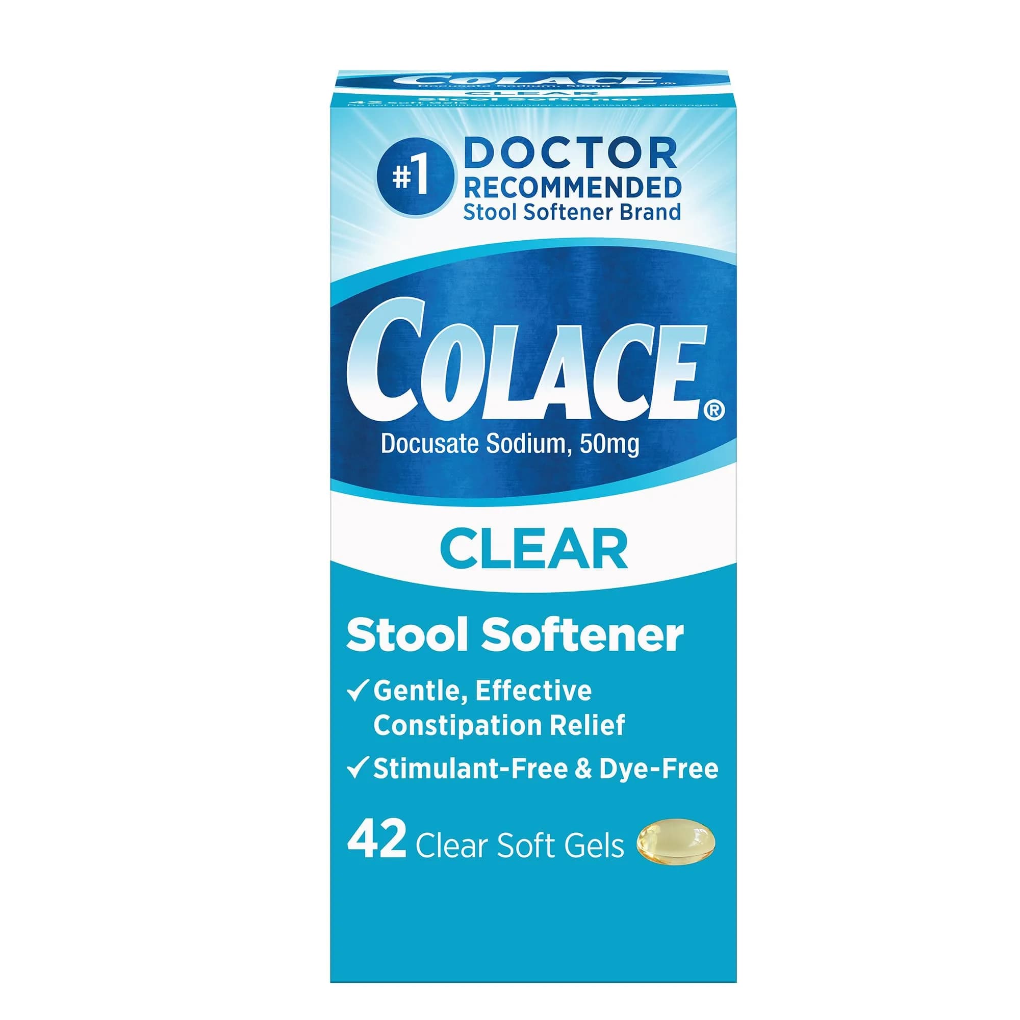 Colace Clear Stool Softener Soft Gel Capsules 42 Ct | Gentle Constipation Relief for Adults & Postpartum — Softgel