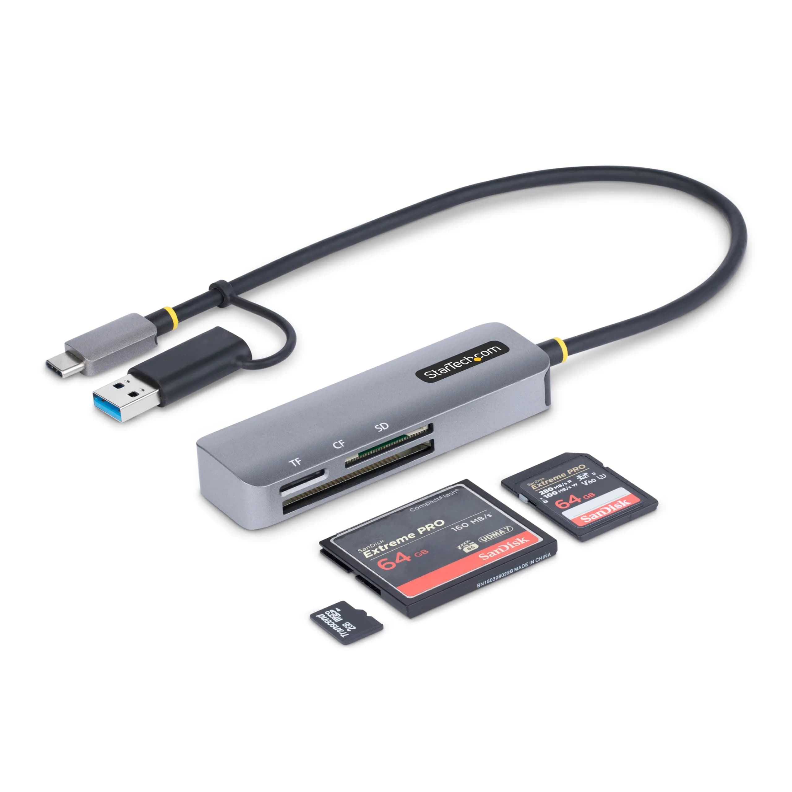 StarTech.com USB-C USB-A Multi-Card Reader | 5Gbps USB 3.0, SD/microSD/CF Slots, Plug & Play — Gray