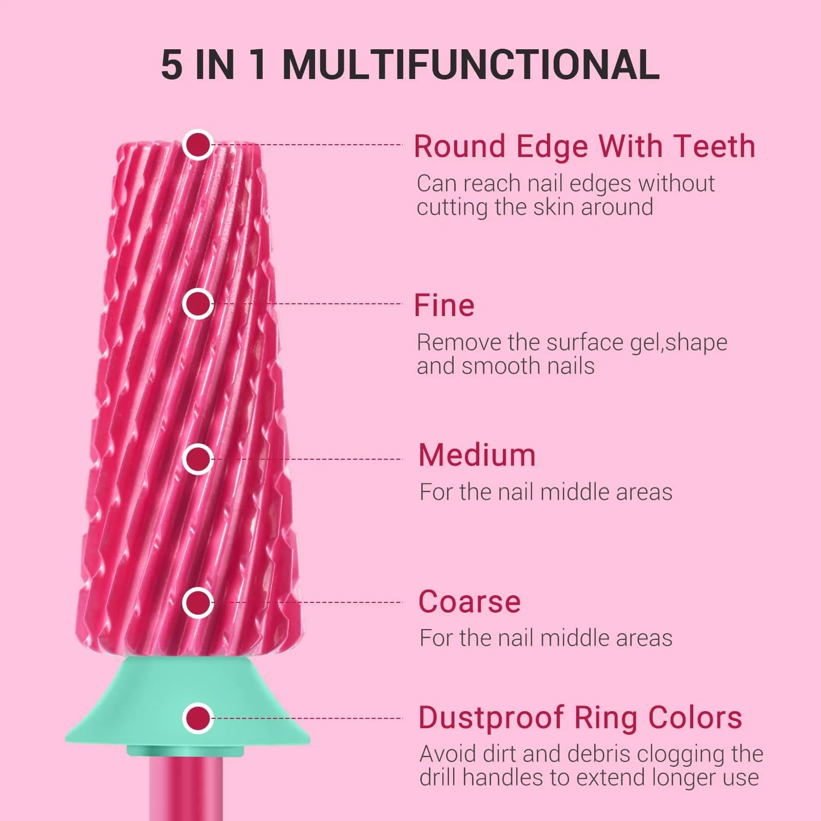 MelodySusie Professional 5 in 1 Nail Drill Bits Set, 3/32'' Carbide Tungsten, Pink Blossom | Manicure Pedicure Cuticle Gel Polishing - view 3