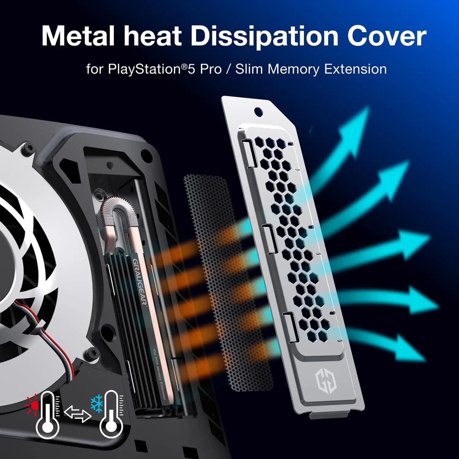 GRAUGEAR Metal Heat Dissipation Cover for PS5 Pro/Slim M.2 SSD Expansion Slot | Silver (12.6cm x 3.3cm x 0.5cm) - view 6
