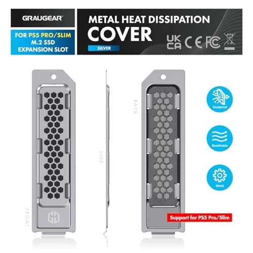 GRAUGEAR Metal Heat Dissipation Cover for PS5 Pro/Slim M.2 SSD Expansion Slot | Silver (12.6cm x 3.3cm x 0.5cm) thumbnail 2