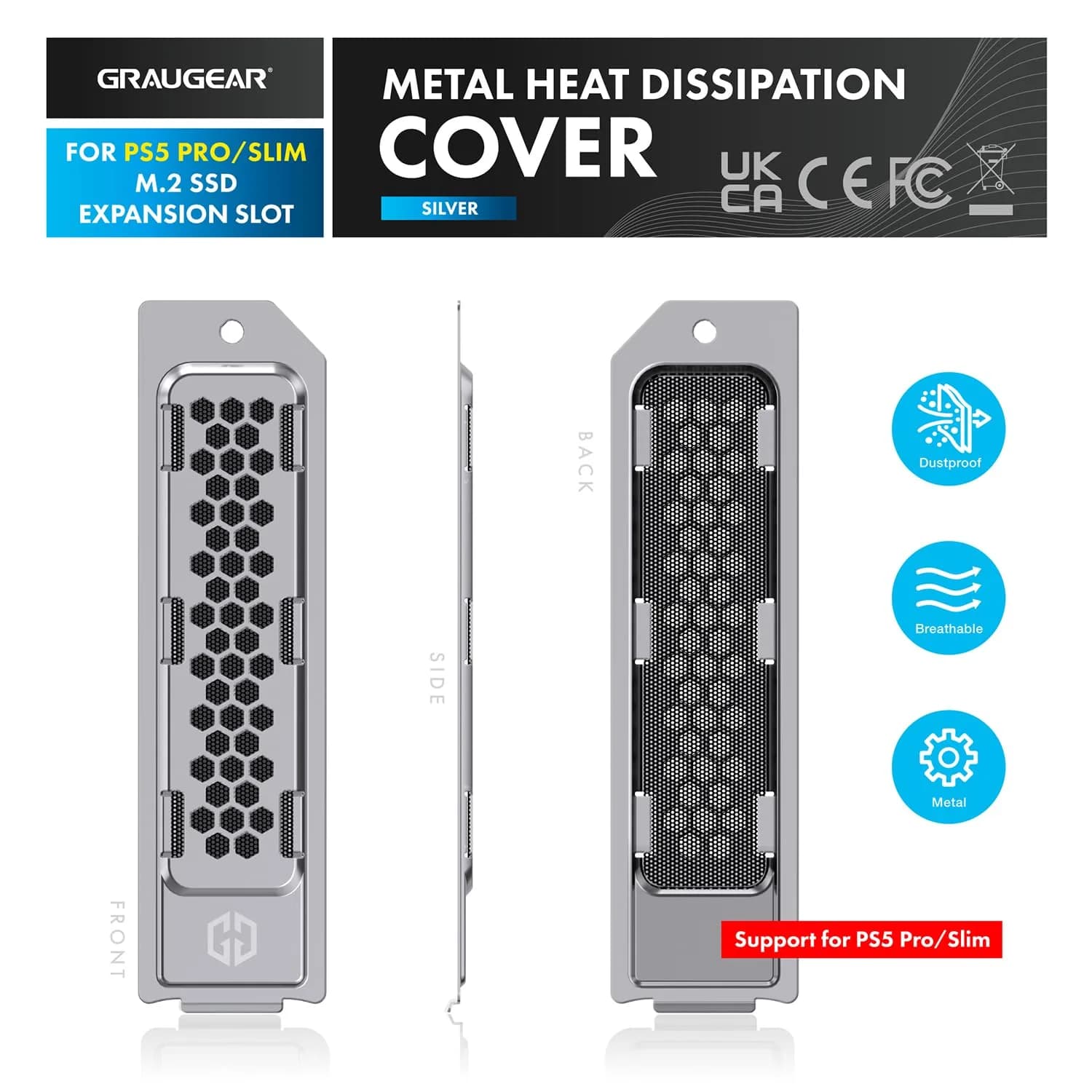 GRAUGEAR Metal Heat Dissipation Cover for PS5 Pro/Slim M.2 SSD Expansion Slot | Silver (12.6cm x 3.3cm x 0.5cm) - view 2