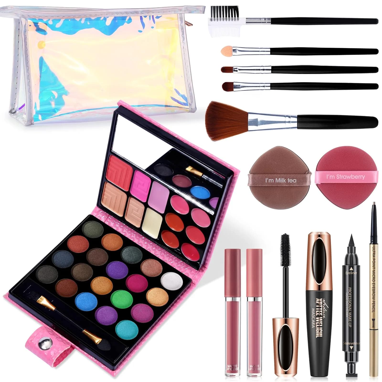 QiBest Makeup Set for Women Full Kit | 32 Colors Palette, 5pcs Brushes, Mascara & Eyeliner, Lipsticks, Cosmetic Bag