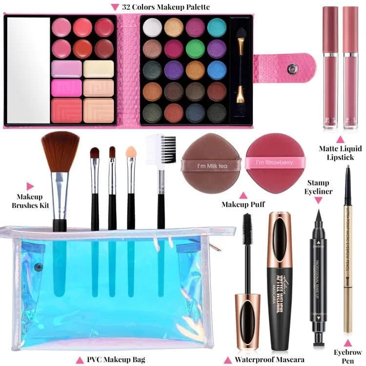 QiBest Makeup Set for Women Full Kit | 32 Colors Palette, 5pcs Brushes, Mascara & Eyeliner, Lipsticks, Cosmetic Bag thumbnail 2