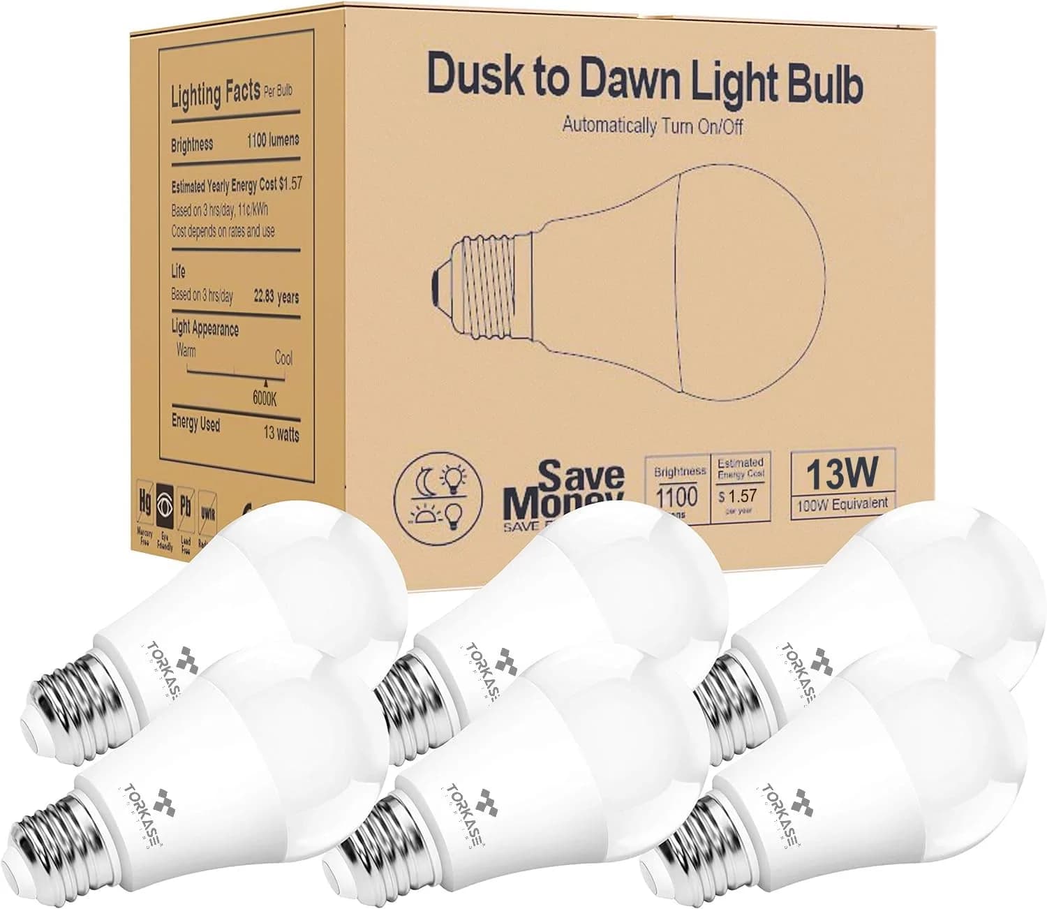 Torkase Outdoor Sensor Light Bulb E26 | Dusk to Dawn Automatic Sensor, 6000K Cool White, 13W, 6 Pack