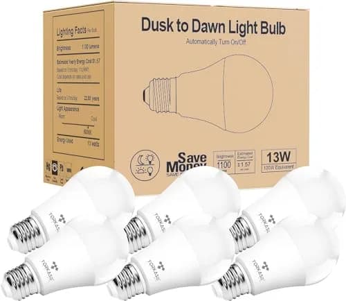Torkase Outdoor Sensor Light Bulb E26 | Dusk to Dawn Automatic Sensor, 6000K Cool White, 13W, 6 Pack thumbnail 1