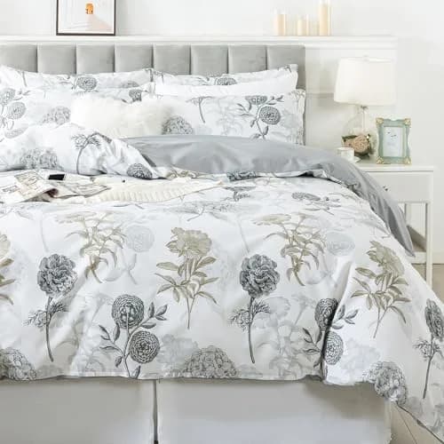 FADFAY Floral Duvet Cover Sets Twin Size 100% Cotton Ink Grey | Vintage Flower Patterned Comforter Cover for All Seasons thumbnail 1