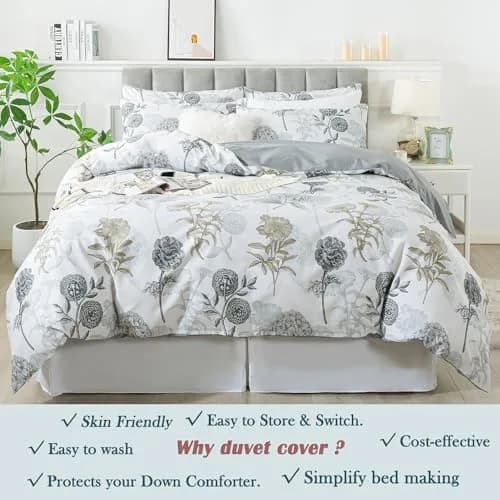 FADFAY Floral Duvet Cover Sets Twin Size 100% Cotton Ink Grey | Vintage Flower Patterned Comforter Cover for All Seasons thumbnail 7