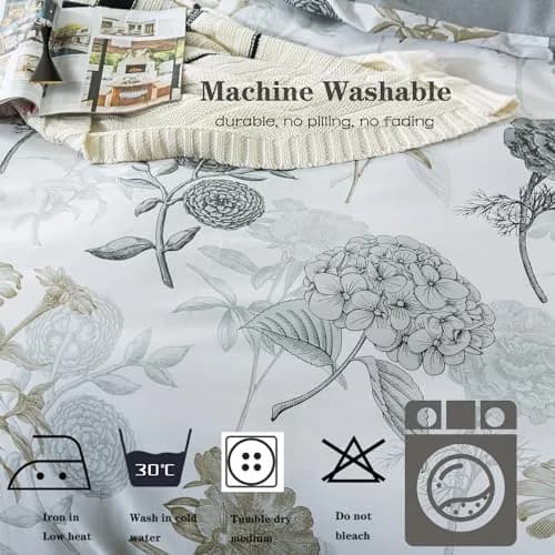 FADFAY Floral Duvet Cover Sets Twin Size 100% Cotton Ink Grey | Vintage Flower Patterned Comforter Cover for All Seasons thumbnail 8