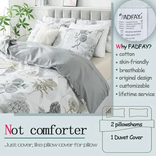 FADFAY Floral Duvet Cover Sets Twin Size 100% Cotton Ink Grey | Vintage Flower Patterned Comforter Cover for All Seasons thumbnail 2