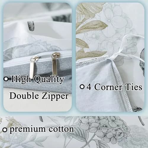 FADFAY Floral Duvet Cover Sets Twin Size 100% Cotton Ink Grey | Vintage Flower Patterned Comforter Cover for All Seasons thumbnail 3