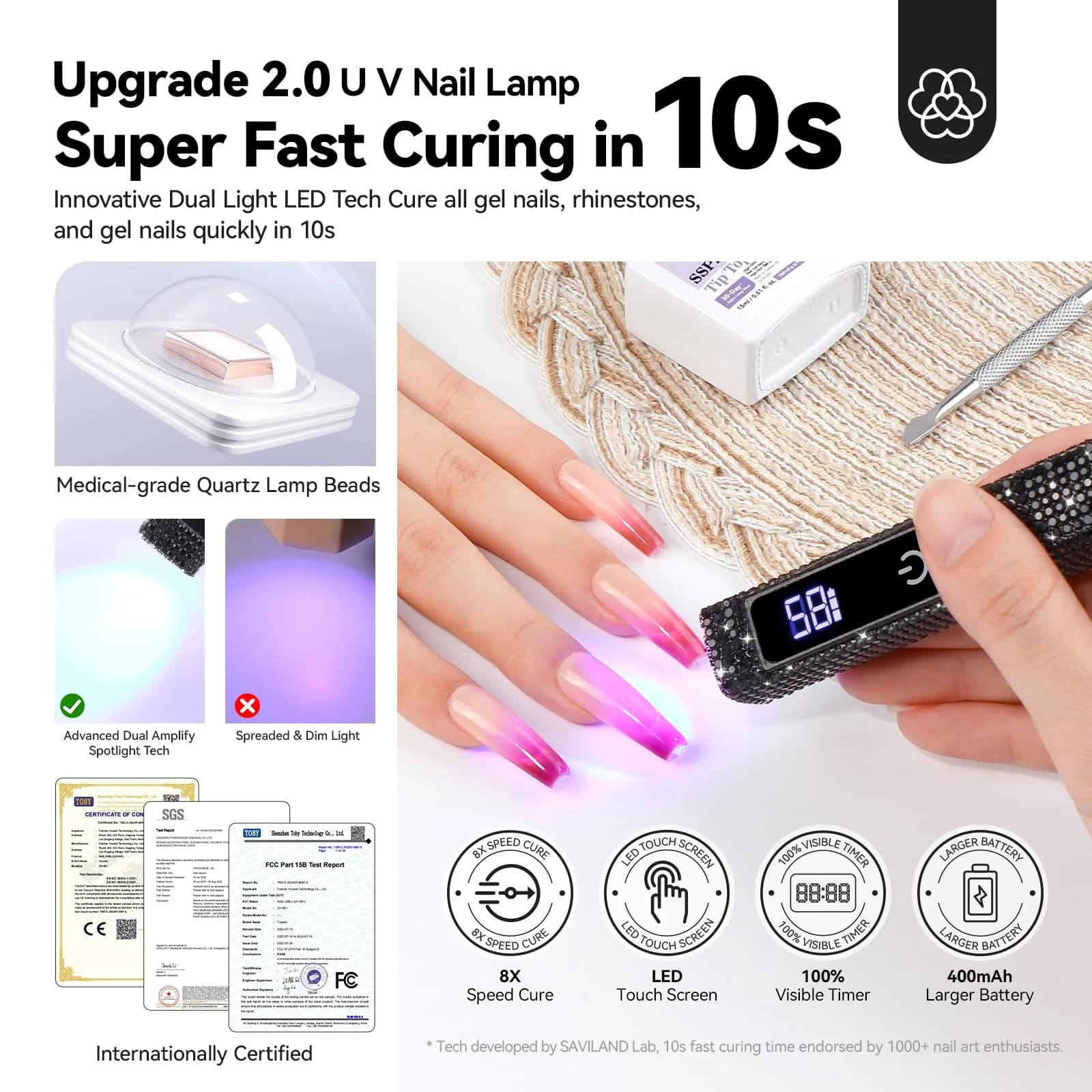 SAVILAND Mini Handheld UV Nail Lamp 12W Black Diamond | 10s Flash Cure Cordless Rechargeable - view 2