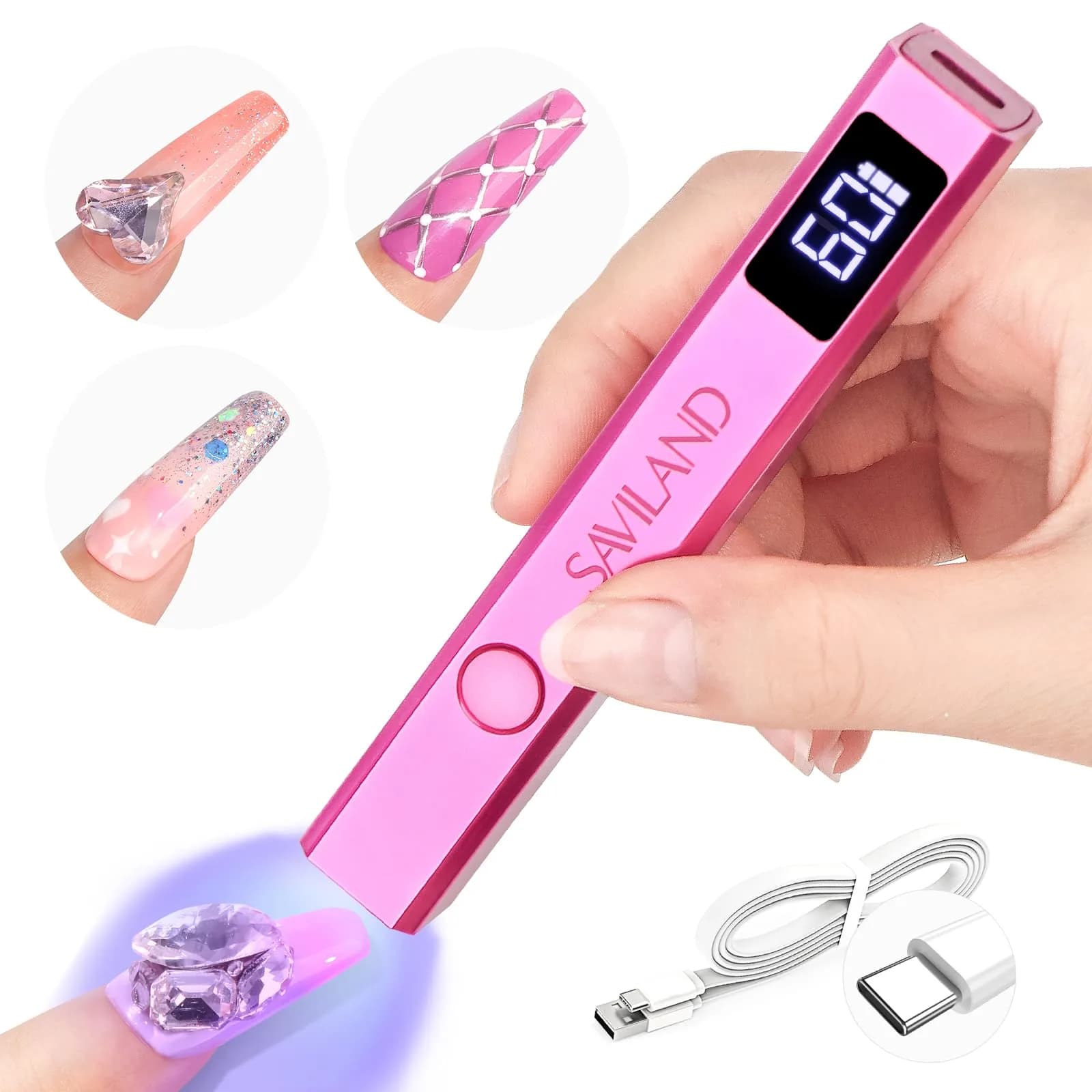 SAVILAND Mini Handheld UV LED Nail Lamp 12W Bright Pink | Fast Gel Curing with 5x Magnifying Lens