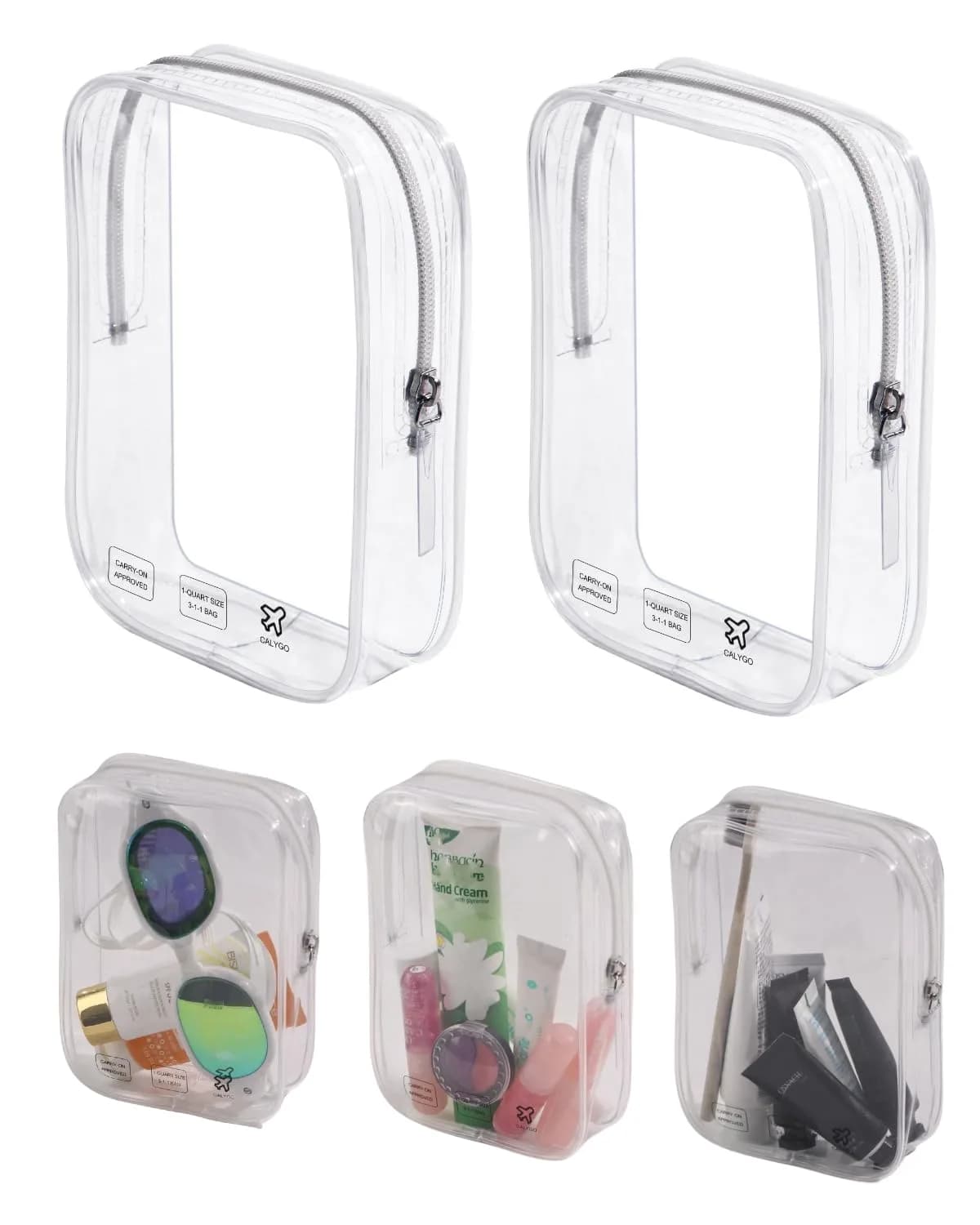 CALYGO 5-Pack TSA Approved Toiletry Bags 1 Quart (156 ml) | Clear Travel Pouch for Liquids & Makeup — clear,clear,clear,clear,clear