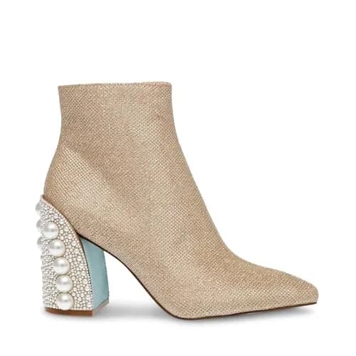 Betsey Johnson Kasey Fashion Boot, Gold, 5.5 | Pearl-Encrusted Heel & Ankle-High Style thumbnail 4