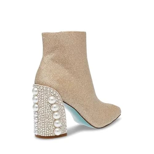 Betsey Johnson Kasey Fashion Boot, Gold, 5.5 | Pearl-Encrusted Heel & Ankle-High Style thumbnail 6