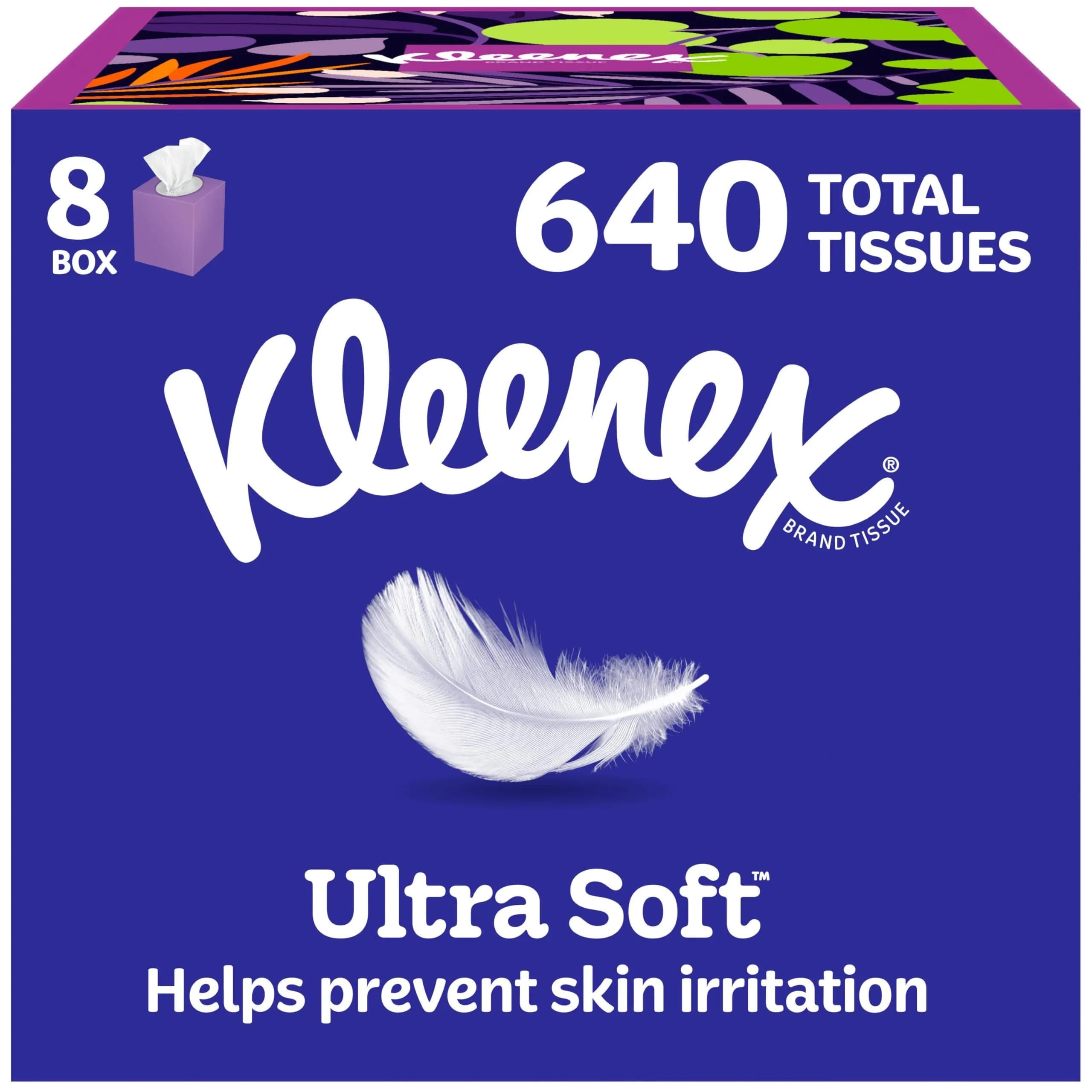Kleenex Ultra Soft Facial Tissues Cube Boxes, 80 Tissues per Box (640 Total) | 3-Ply Softness for Sensitive Noses - main product image