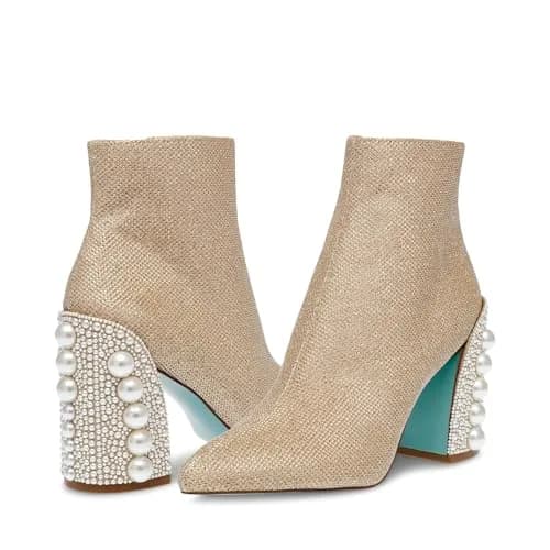Betsey Johnson Kasey Fashion Boot, Gold, 6.5 | Pearl Encrusted Heel & Ankle-High Style thumbnail 1