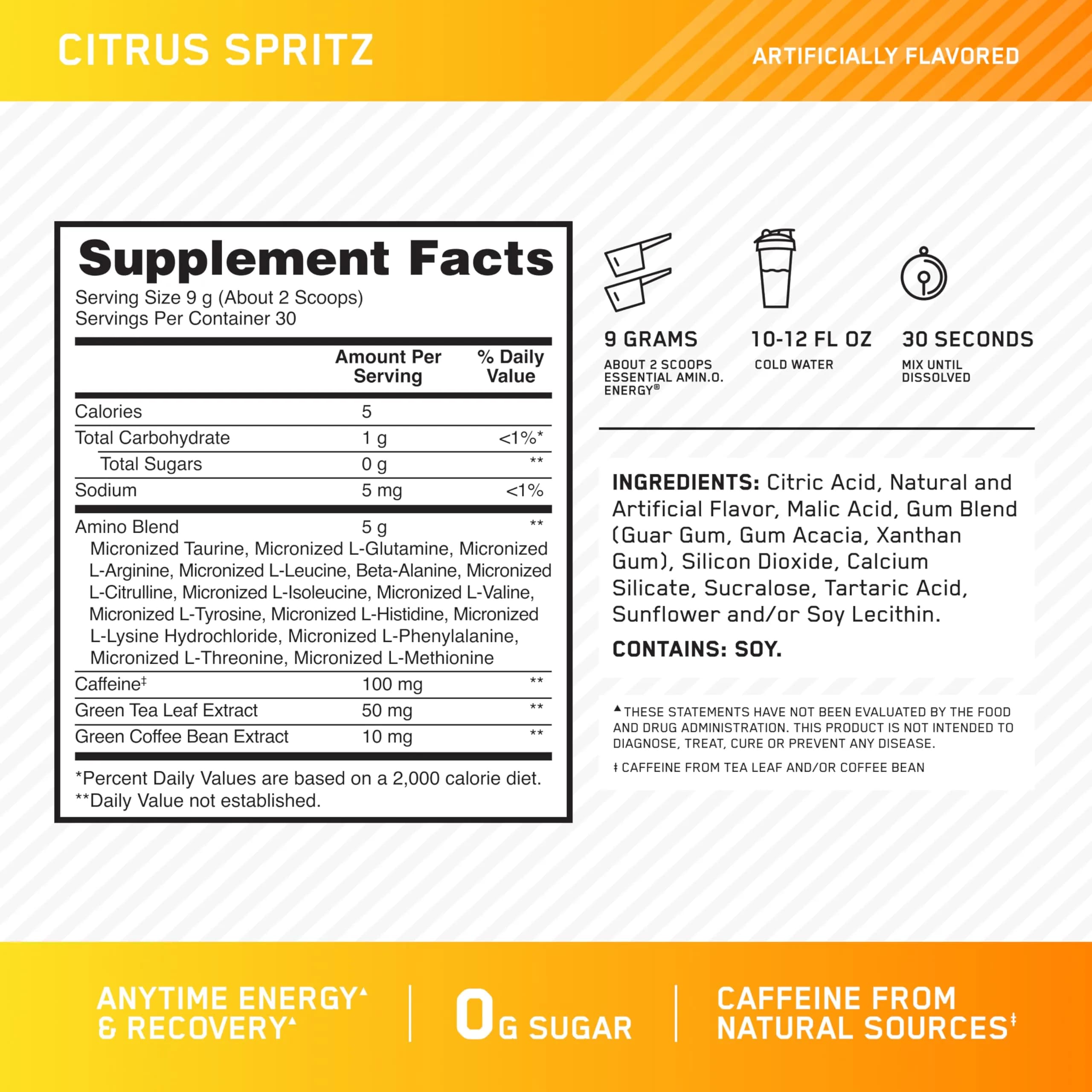 Optimum Nutrition Amino Energy Powder Citrus Spritz 269g (9.5 Oz) | BCAAs for Muscle Recovery & Energy Boost - view 3