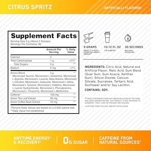Optimum Nutrition Amino Energy Powder Citrus Spritz 269g (9.5 Oz) | BCAAs for Muscle Recovery & Energy Boost thumbnail 3