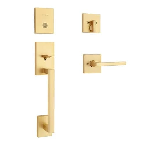 Kwikset San Clemente Entry Handleset with SmartKey Deadbolt, Satin Brass | Grade 1 BHMA Certified Security thumbnail 1