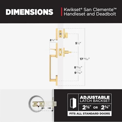 Kwikset San Clemente Entry Handleset with SmartKey Deadbolt, Satin Brass | Grade 1 BHMA Certified Security thumbnail 7