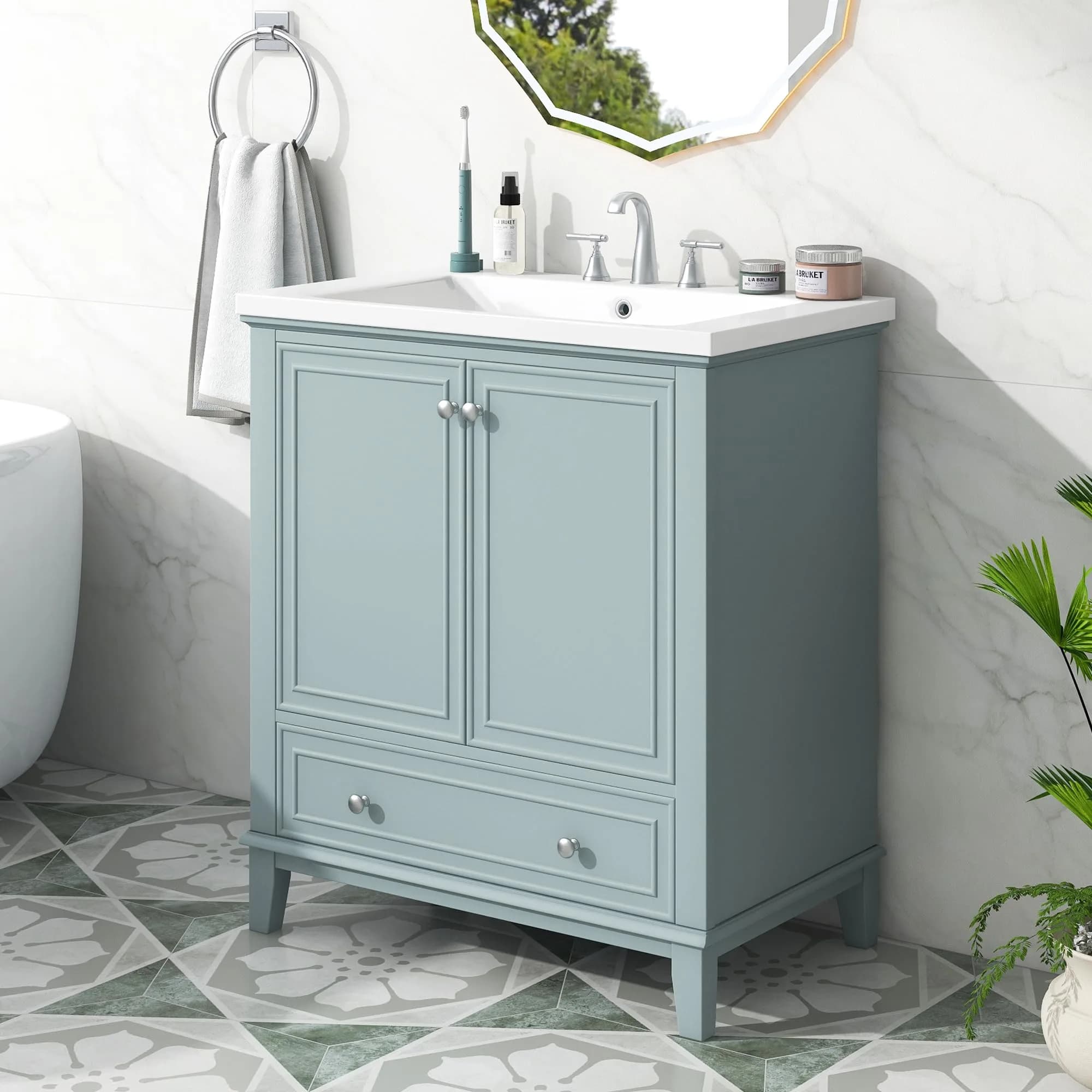 Acosure 30" Bathroom Vanity with Sink Combo, Doors & Drawer, Solid Wood, Green